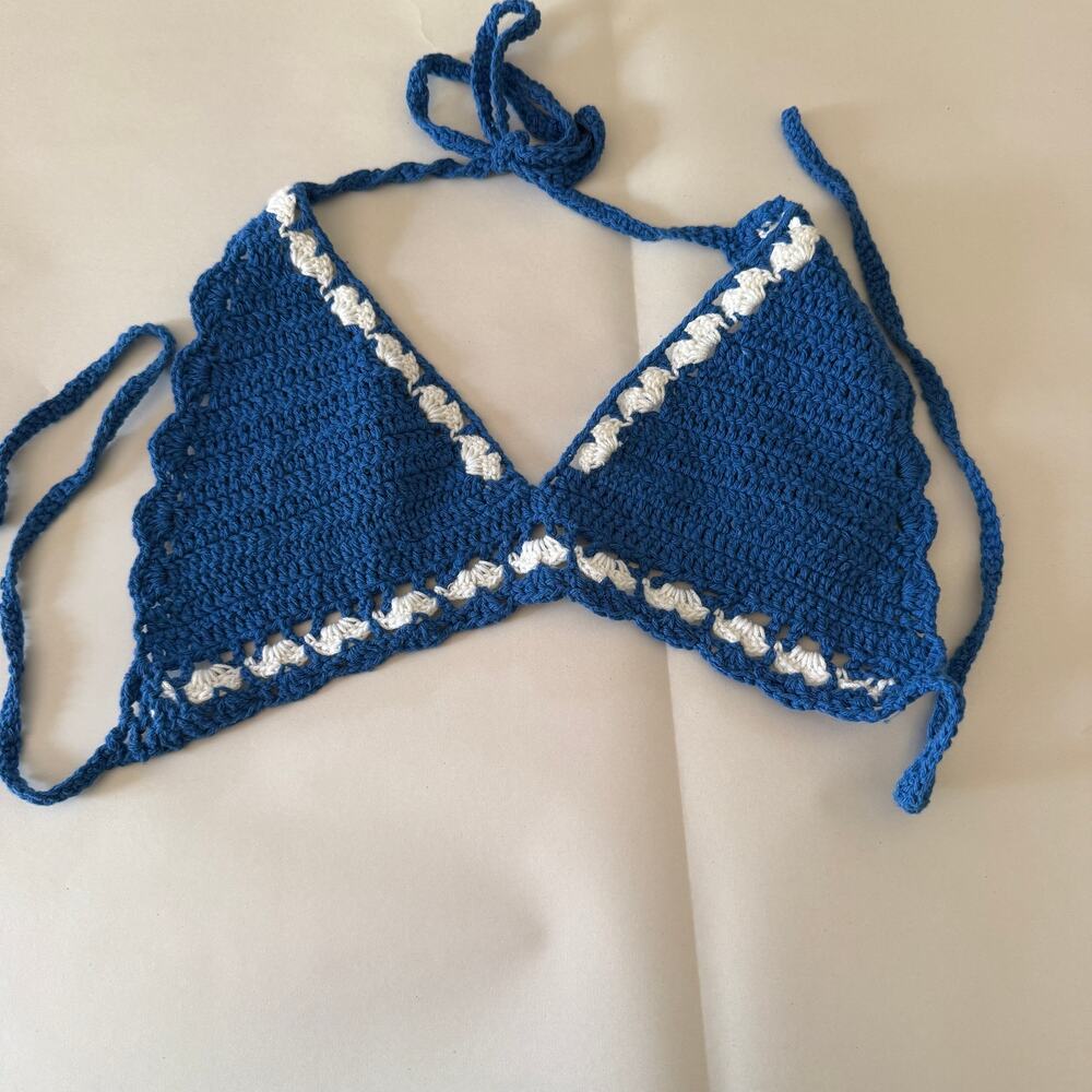 HANDMADE Crochet Blue and White Bikini Top Triangle Top Rave Club | Small